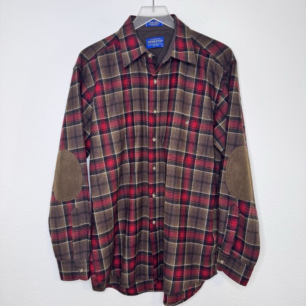 Pendleton Trail Shirt Mens Size‎ Large Red Brown Plaid Virgin Wool Elbow Patch